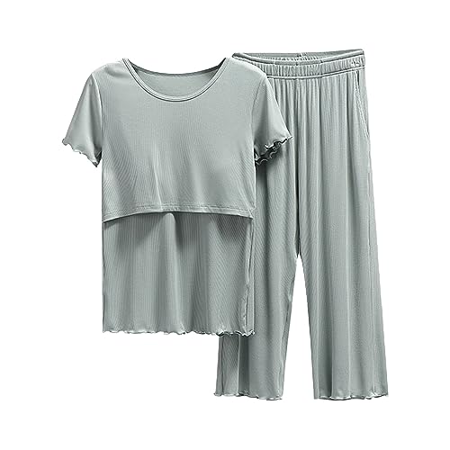 Generisch Umstands-Schlaf-Shirt, Schlafanzug, Ärmel, Nachtwäsche, Stillen, Damen-Shirt und Set, Baby, Umstands-Top, kurze Hose, Umstandsschlafanzug, Set, grün, 38 von Generisch