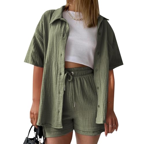 Generisch Zweiteiler Damen Sommer Elegant Hosenanzug Elegant Outfits Kleidung 2 Teiler Set Bluse Kurzarm + Shorts Y2k Aesthetic Clothes Strandbluse Strandshorts Anzug von Generisch