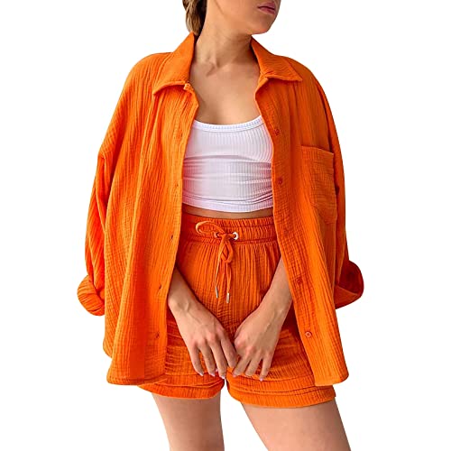 Generisch Zweiteiler Damen Sommer Musselin Bluse Hemd und Shorts Clothes Aesthetic Zweiteiler Lounge Set Strand Outfit Set Two Piece Set Women Orange XL von Generisch