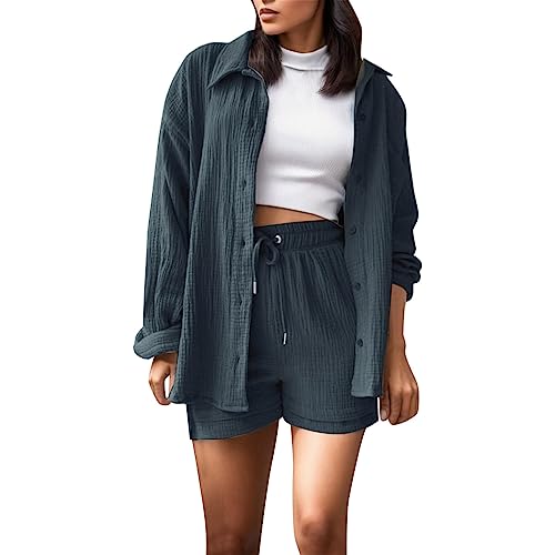 Generisch Zweiteiler Damen Sommer Outfits Bluse Musselin Set Two Piece Casual Sommer Reise Outfit Loungewear Damen Set Musselin Shorts Hose Und Bluse Hemd Grau L von Generisch