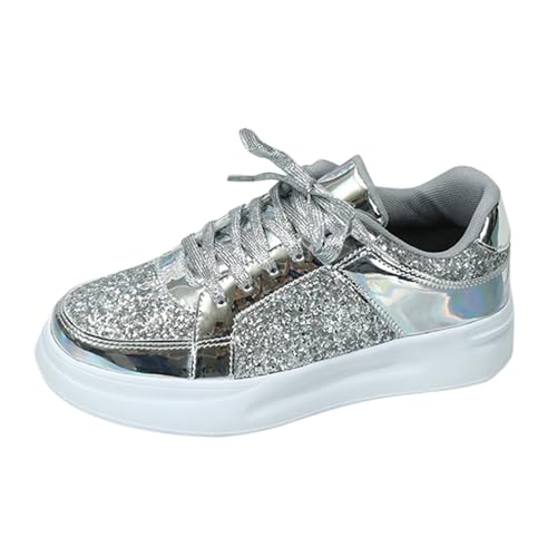 Glitzer Schuhe Damen,Schnürschuhe Flach Silber Schwarz Pailletten Schuhe Plateau Sneaker Weiss Leder Outdoor Sportschuhe Halbschuhe Atmungsaktive Laufschuhe Leicht Schnürschuhe Turnschuhe Sport von Generisch