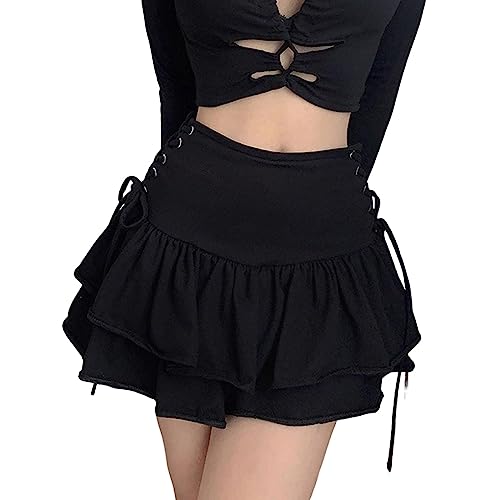 Gothic Rock Damen kurz Skater Rock schwarz high Waist Minirock mehrschichtiger Puffy Rock mit schnürung einfarbig Rüschen Rock für Halloween Party Karneval Fasching besondere anlässe Gothic Rock Damen kurz Skater Rock schwarz high Waist Minirock mehrschichtiger Puffy Rock mit schnürung einfarbig Rüschen Rock für Halloween Party Karneval Fasching besondere anlässe von Generisch