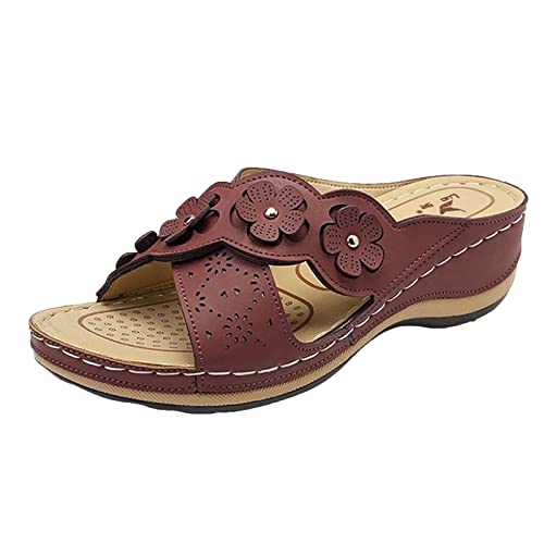 Große Damen-Sandalen, modische Blumen, römische Slide-Sandalen, offene Zehen, Fußbett, lässige Sandalen, Keilschuhe, Sommer, Clogs, Hausschuhe, römische Garten-Wanderschuhe, braun, 38 EU von Generisch