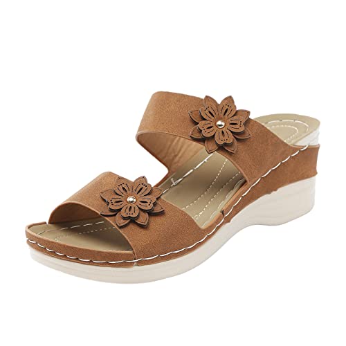 Hausschuhe für Damen, lässige römische Schuhe, Blumen, Fischmund, Boho-Keilsandalen, Damen-Sandalen, Größe 41, braun, 38 EU von Generisch