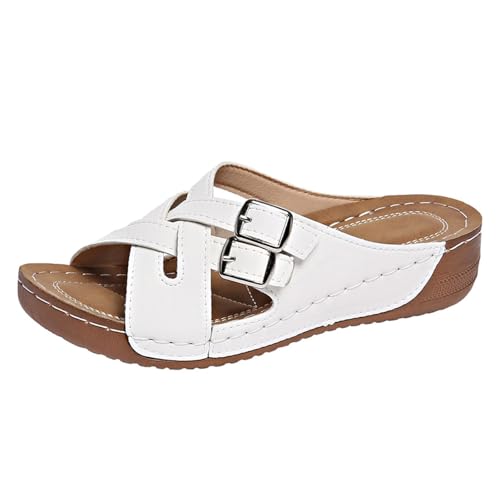 Hausschuhe für den Sommer, Damenschuhe, ein Wort mit offenem Zehenbereich, Keilabsatz, dicker Boden, Gürtelschnalle, Hausschuhe, lässige Hausschuhe, Damen-Slider, Größe 40, harte Sohle, weiß, 38 EU Hausschuhe für den Sommer, Damenschuhe, ein Wort mit offenem Zehenbereich, Keilabsatz, dicker Boden, Gürtelschnalle, Hausschuhe, lässige Hausschuhe, Damen-Slider, Größe 40, harte Sohle, weiß, 38 EU von Generisch