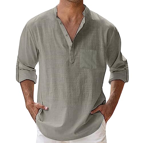 Henley Shirt Herren Sommer Casual Henley Leinen Hemd Faltbarer ÄRmel Button-Down Freizeithemd Langarm Baumwolle Regular Fit Henley Shirts Sommerhemd, S-4XL Henley Shirt Herren Sommer Casual Henley Leinen Hemd Faltbarer ÄRmel Button-Down Freizeithemd Langarm Baumwolle Regular Fit Henley Shirts Sommerhemd, S-4XL von Generisch