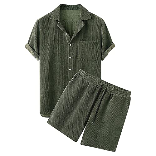 Herren Cord Falten Zweiteiler Kurzarm Hemd Kurze Hose Set Sommer Atmungsaktiver Freizeitanzug Einfarbig 2-Teilig Shorts Beach Outfits Baumwolle Leinen Kurzärmelig Anzüge Strand Alltag (Green, XXXL) von Generisch