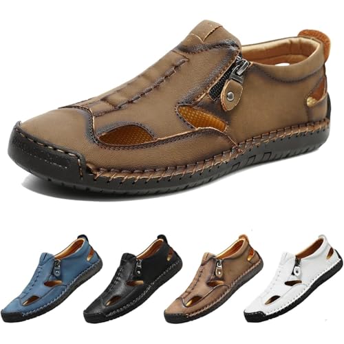Herren-Sandalen mit geschlossenem Zehenbereich, Leder, zum Reinschlüpfen, atmungsaktiv, bequem, Mokassin, Loafers, Sommer, seitlicher Reißverschluss, handgenäht, braun, 41 EU Herren-Sandalen mit geschlossenem Zehenbereich, Leder, zum Reinschlüpfen, atmungsaktiv, bequem, Mokassin, Loafers, Sommer, seitlicher Reißverschluss, handgenäht, braun, 41 EU von Generisch