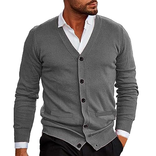 Herren-Strickjacke, V-Ausschnitt, Knopf, einfarbig, langärmelig, schmale Passform, einfarbig, warmer Komfort, Herbst-Winterjacke mit Taschen, dunkelgrau, Medium Herren-Strickjacke, V-Ausschnitt, Knopf, einfarbig, langärmelig, schmale Passform, einfarbig, warmer Komfort, Herbst-Winterjacke mit Taschen, dunkelgrau, Medium von Generisch