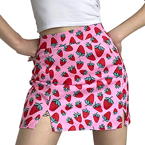 Hohe Taille Rock Für Damen Hüften Erdbeere Druck Schlanken Geteilte Mädchen Sommer Minirock High Waist Slim Fit Wickelrock Mini Röcke Kurze Abnehmen Valentinstag Damenrock Mit Tasche (Pink, L) von Generisch