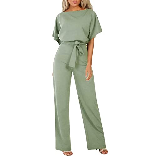 Jumpsuit Damen Elegant Sommer Overall Kurzarm Weites Bein Romper Zweiteiler Casual Rundhals Hosenanzug Hohe Taille mit Taschen Flatterärmel Plissee Bodysuit Festlich Playsuit Business Outfit Set Jumpsuit Damen Elegant Sommer Overall Kurzarm Weites Bein Romper Zweiteiler Casual Rundhals Hosenanzug Hohe Taille mit Taschen Flatterärmel Plissee Bodysuit Festlich Playsuit Business Outfit Set von Generisch