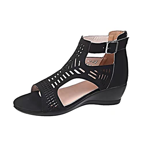 Keilsandalen, Peep-Toe, perforierter Schnallenverschluss, lässig, Sommerschuhe, dicke Sohle, für den Außenbereich geeignet, Schwarz , 41 EU Keilsandalen, Peep-Toe, perforierter Schnallenverschluss, lässig, Sommerschuhe, dicke Sohle, für den Außenbereich geeignet, Schwarz , 41 EU von Generisch
