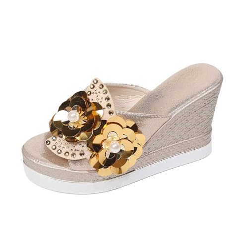 Keilsandalen für Damen, Sommer-Hausschuhe, weiße Sliders, Damen-Hausschuhe, Damen-Sandalen, Damen-Slipper Sommersandalen, Größe UK Damen, weite Passform, gold, 38.5 EU Keilsandalen für Damen, Sommer-Hausschuhe, weiße Sliders, Damen-Hausschuhe, Damen-Sandalen, Damen-Slipper Sommersandalen, Größe UK Damen, weite Passform, gold, 38.5 EU von Generisch