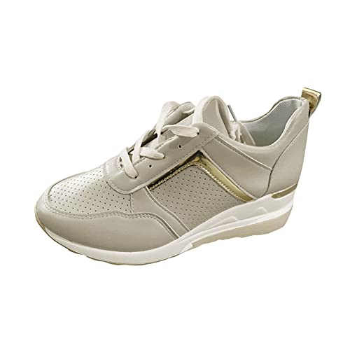 Keilschuhe für Damen, Plateau-Sneaker, höhenerhöhende Schuhe, rutschfeste Gummisohle, Wanderschuh, kleines Loch, atmungsaktiv, PU-Obermaterial, Schnürschuhe, Absatzhöhe 5,1 cm, beige, 38.5 EU Keilschuhe für Damen, Plateau-Sneaker, höhenerhöhende Schuhe, rutschfeste Gummisohle, Wanderschuh, kleines Loch, atmungsaktiv, PU-Obermaterial, Schnürschuhe, Absatzhöhe 5,1 cm, beige, 38.5 EU von Generisch