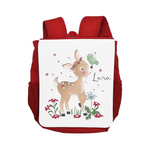 Kinder-Rucksack, Kindergartenrucksack für Mädchen, für Kinder, personalisiert mit Wunschnamen "Reh", Rucksack für Kinder, Geschenk für den Kindergarten, rot von Generisch