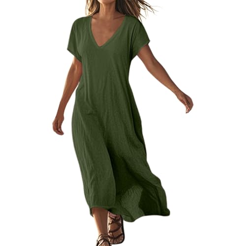 Kleid Damen Sommer, Strandkleid Damen Lang Vintage a Linie V Ausschnitt Tunikakleid Sommer Blümchenkleid Maxikleid Strandmode Sommerkleider Leicht und Luftig Vintage Shirtkleid, Grün, XL Kleid Damen Sommer, Strandkleid Damen Lang Vintage a Linie V Ausschnitt Tunikakleid Sommer Blümchenkleid Maxikleid Strandmode Sommerkleider Leicht und Luftig Vintage Shirtkleid, Grün, XL von Generisch