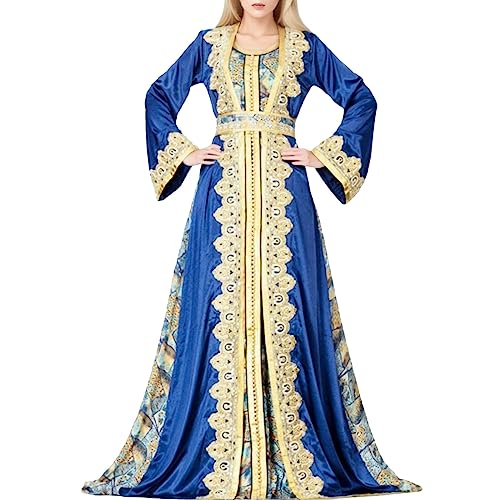 Kleine Schwarze Kleid Neues, langärmliges Damen-Rock-Mitte-bedrucktes muslimisches Gewand, europäisches amerikanisches Dubai-Kleid Sommerkleid Damen Maxikleid (Blue, XXXL) von Generisch