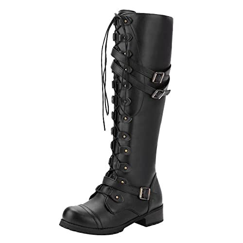 Lederstiefel für Damen, Größe 38, Gothic, Vintage, Retro, Punk, Schnallenstiefel, Lederstiefel für Damen, niedriger Absatz, Schwarz , 37.5 EU von Generisch