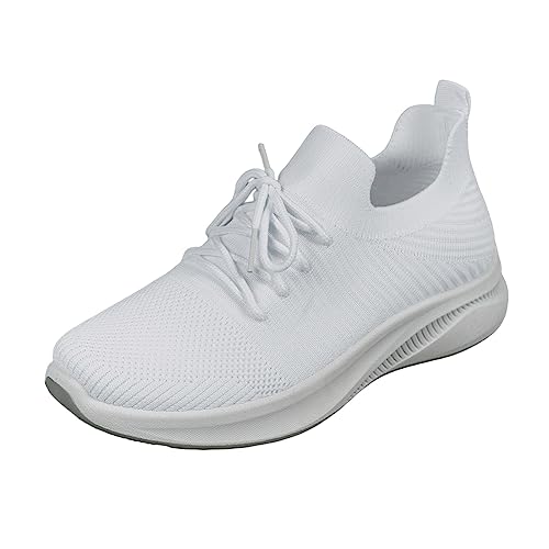 Leichte Damen-Wanderschuhe, Schnürschuhe, flache Unterseite, lässig, sportlich, modisch, atmungsaktiv, Netzstoff, gestrickt, Damen-Sneaker mit Keilabsatz, Größe 45, weiß, 37.5 EU von Generisch