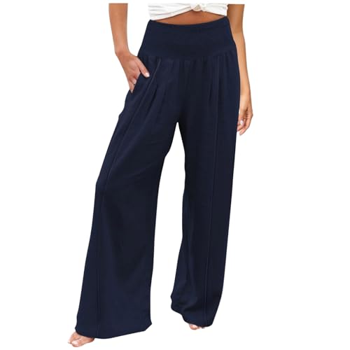 Leinenhose Damen Sommer Bequeme Elastische Yogahose Hohe Taille Weites Bein Freizeithose Leicht und Luftig Soft Stoffhose mit Taschen Baumwolle Leinen Sommerhose Einfarbig Elegant Palazzo Hose von Generisch