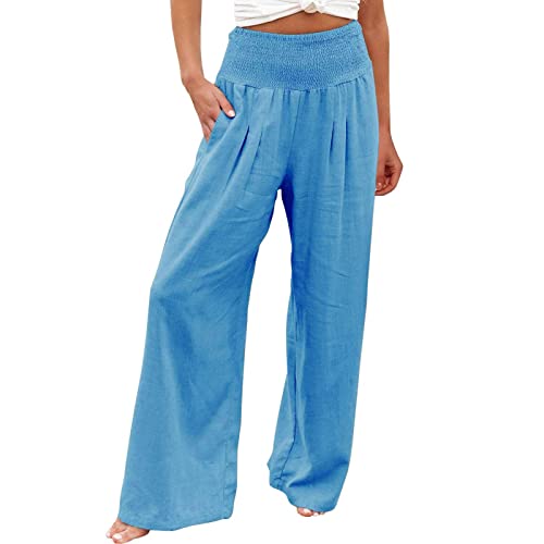 Leinenhose Damen Sommer Bequeme Elastische Yogahose Hohe Taille Weites Bein Freizeithose Leicht und Luftig Soft Stoffhose mit Taschen Baumwolle Leinen Sommerhose Einfarbig Elegant Palazzo Hose von Generisch