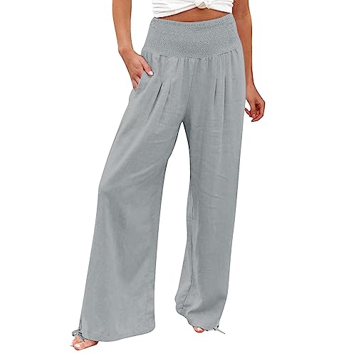 Leinenhose Damen Sommer Bequeme Elastische Yogahose Hohe Taille Weites Bein Freizeithose Leicht und Luftig Soft Stoffhose mit Taschen Baumwolle Leinen Sommerhose Einfarbig Elegant Palazzo Hose von Generisch