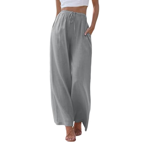 Leinenhose Damen Sommer Freizeithose Leinen Leicht Casual Musselin Hosen Yogahose Einfarbig Elegant Palazzo Hose Weites Bein Hose mit Tunnelzug und Taschen Bequeme Stoffhose Hohe Taille Strandhose von Generisch