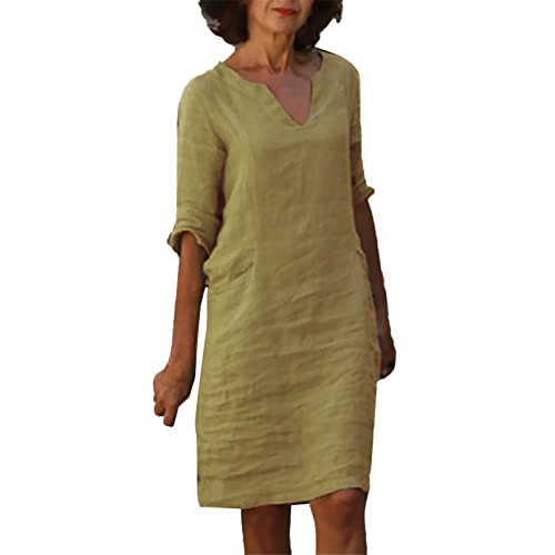 Leinenkleid Sommerkleid Damen Knielang Leinenkleider Damen Sommer V-Ausschnitt Leinenkleider Baumwolle Leinen Blusenkleid Casual Drucken Freizeitkleid Strandkleider Luftige Leinen (01-Khaki, XXXL) von Generisch