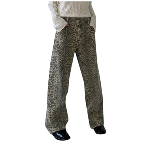 Leopardenhose,Hellbraune Leopardenhose,Jeans Damen Baggy,Weitem Bein Leopard Pants,Baggy Leoparden Leopard Print Straight Taille Jeanshose,Leopard Pants,Donna Hose Y2 k Baggy Boyfriend (Khaki-D, L) von Generisch