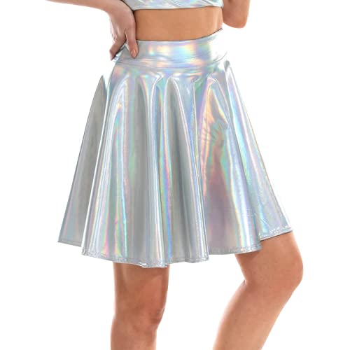 Metallic Rock Damen Metallischer Faltenrock Mini Rock Glitzer Rock Karneval Kostüm Silber Gold Glitzer Kostüm PU Space Girl Kostüm 90er Jahre Outfit für Ballett Tanz Carnival Kostüm (Clear-B, XL) von Generisch