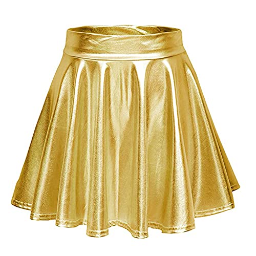 Metallic Rock Damen Metallischer Faltenrock Mini Rock Glitzer Rock Karneval Kostüm Silber Gold Glitzer Kostüm PU Space Girl Kostüm 90er Jahre Outfit für Ballett Tanz Carnival Kostüm (Gold-A, M) von Generisch