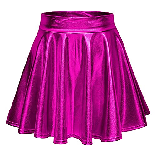 Metallic Rock Damen Metallischer Faltenrock Mini Rock Glitzer Rock Karneval Kostüm Silber Gold Glitzer Kostüm PU Space Girl Kostüm 90er Jahre Outfit für Ballett Tanz Carnival Kostüm (Hot Pink-A, M) von Generisch