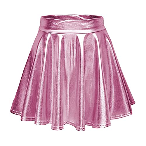 Metallic Rock Damen Metallischer Faltenrock Mini Rock Glitzer Rock Karneval Kostüm Silber Gold Glitzer Kostüm PU Space Girl Kostüm 90er Jahre Outfit für Ballett Tanz Carnival Kostüm (Pink-A, XL) von Generisch