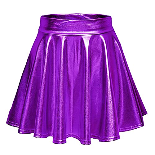 Metallic Rock Damen Metallischer Faltenrock Mini Rock Glitzer Rock Karneval Kostüm Silber Gold Glitzer Kostüm PU Space Girl Kostüm 90er Jahre Outfit für Ballett Tanz Carnival Kostüm (Purple-A, L) von Generisch