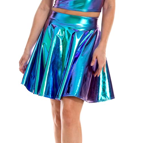 Metallic Rock Damen Metallischer Faltenrock Mini Rock Glitzer Rock Karneval Kostüm Silber Gold Glitzer Kostüm PU Space Girl Kostüm 90er Jahre Outfit für Ballett Tanz Carnival Kostüm (Sky Blue-B, L) von Generisch