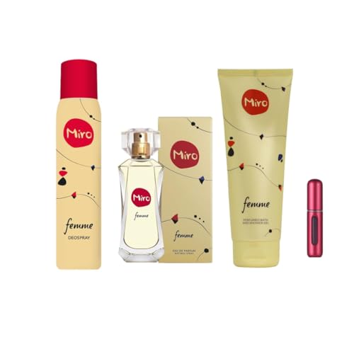 Miro Femme, Eau de Parfum 50ml, Deospray 150ml, Duschgel 250ml, Parfum-Zerstäuber, 4-teilig Miro Femme, Eau de Parfum 50ml, Deospray 150ml, Duschgel 250ml, Parfum-Zerstäuber, 4-teilig von Generisch