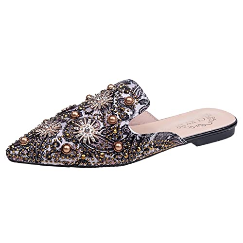 Modischer Sommer und Herbst, Damen-Pumps mit flacher, spitzer Zehenpartie, Perlen, bunter Druck, Halbpantoffeln, Pantoletten, heiße Schuhe für Damen, Absätze, beige, 37.5 EU Modischer Sommer und Herbst, Damen-Pumps mit flacher, spitzer Zehenpartie, Perlen, bunter Druck, Halbpantoffeln, Pantoletten, heiße Schuhe für Damen, Absätze, beige, 37.5 EU von Generisch