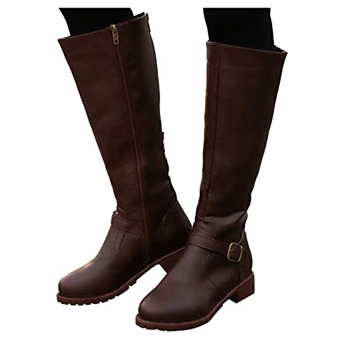 Oberschenkelhohe Stiefel für Damen, eleganter Reißverschluss, Leder, Absatz, Vintage, runde Stiefel, Zehenstiefel, warme Stiefel, Damenstiefel, Größe 47, kniehoch, braun, 38 EU von Generisch