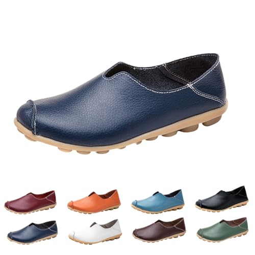 Orthobounce Orthopädische Schuhe, Atmungsaktive Flache Unterseite rutschfeste Damen Loafers, Slip-on Leder Freizeitschuhe (Dunkelblau, Erwachsene, Damen, 40, Numerisch, EU Schuhgrößensystem, M) von Generisch