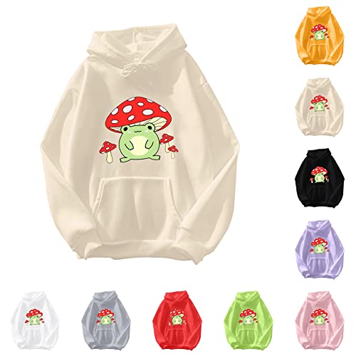 Oversize Hoodie Damen Kapuzenpullover Kawaii Frosch Anime Druck Sweatshirt Mädchen Trainingsjacke Aesthetic Hoody Mit Kapuze Warme Langarmshirt Mädchen Outwear Pullover（Beige,S von Generisch