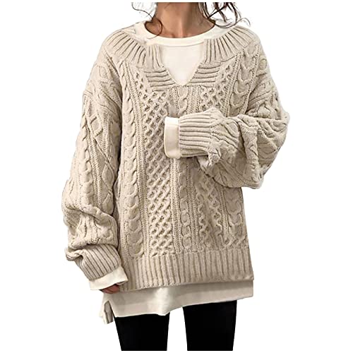 Oversize Pullover Damen Strick Sexy Damenpullover Winterpullover Grobstrick Langarm V Ausschnitt Kaschmir Wollpullover Baumwollpullover Elegant Grobmaschig Warm Baumwolle Strickpullover von Generisch