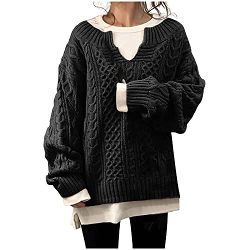 Oversize Pullover Damen Strick Sexy Damenpullover Winterpullover Grobstrick Langarm V Ausschnitt Kaschmir Wollpullover Baumwollpullover Elegant Grobmaschig Warm Baumwolle Strickpullover von Generisch