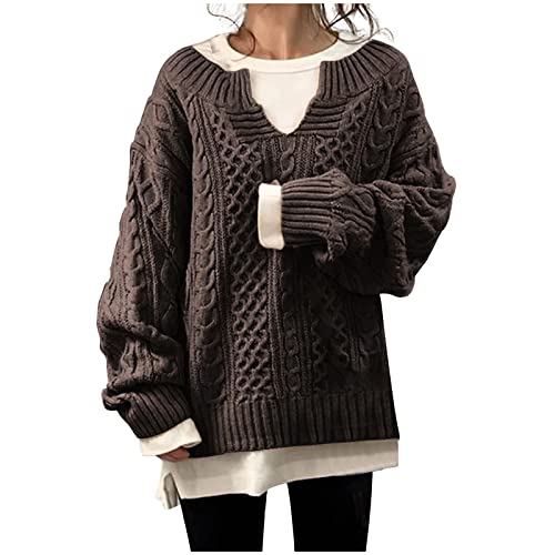 Oversize Pullover Damen Strick Sexy Damenpullover Winterpullover Grobstrick Langarm V Ausschnitt Kaschmir Wollpullover Baumwollpullover Elegant Grobmaschig Warm Baumwolle Strickpullover von Generisch