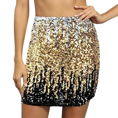 Pailettenrock Für Damen Glitzer Rock Kurz Damen Sexy Midi Skirt Hüftrock Party Rave Outfit Damen Metallischer Hüftumhüllender Rock Knielang Skater Rock Hohe Taille Karneval Skater Röcke (Gold-C, L) von Generisch