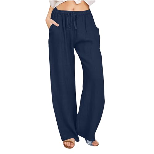 Palazzo-Hose für Damen, Übergröße, elastischer Bund, Baumwoll-Leinenhose, lockere Passform, leicht, Kordelzug, gerades Bein, Freizeithose, einfarbig, Strandhose mit Taschen, #3 - Dunkelblau, 3XL Palazzo-Hose für Damen, Übergröße, elastischer Bund, Baumwoll-Leinenhose, lockere Passform, leicht, Kordelzug, gerades Bein, Freizeithose, einfarbig, Strandhose mit Taschen, #3 - Dunkelblau, 3XL von Generisch