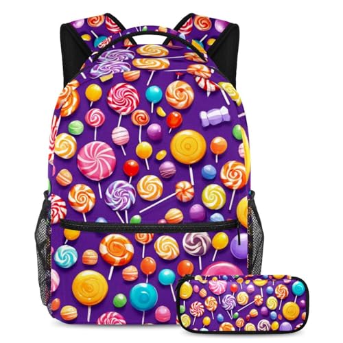 Rucksack mit Federmäppchen, praktisches 2-teiliges Schultaschen-Set für Jungen, Mädchen, Teenager, violettes Süßigkeitenmuster, mehrfarbig, B：29.4x20x40cm P：19x7.5x3.8cm, Tagesrucksäcke von Generisch