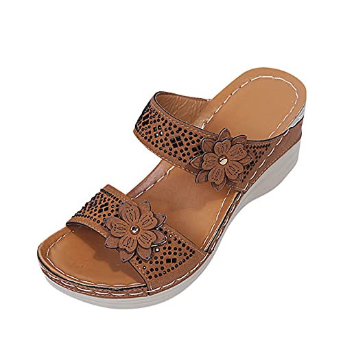 Sandalen Absatz Damen Keilsandalen Damen Sommer Sandalen Zehen Frauen Modeschuhe Slip-on Blumen Keile Beach atmungsaktive Frauen Sandalen Mesh Schuhe Damen Sandalen Damen Elegant (Brown, 39) von Generisch