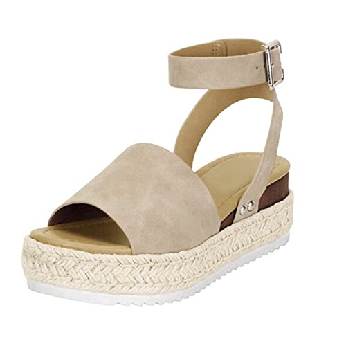 Sandalen für Damen, dicke Sohle, Keilabsatz, Kunstleder, atmungsaktiv, langlebig, Keilabsatz, Peep-Toe, mit Knöchelriemen, für Sommer, Urlaub, Plateau, geflochtene, offene Zehensandalen, khaki, 37 EU von Generisch