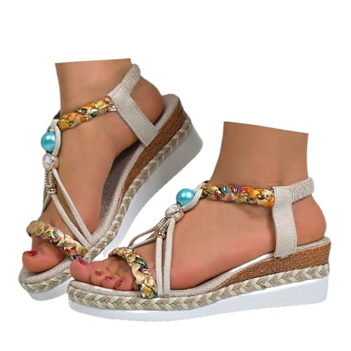 Sandalen mit Keilabsatz Damen Sommer Sandaletten Boho Freizeit Peep Toe Plateau Wedges Schuhe mit Strass Perlen Sandalen mit Keilabsatz Damen Sommer Sandaletten Boho Freizeit Peep Toe Plateau Wedges Schuhe mit Strass Perlen von Generisch