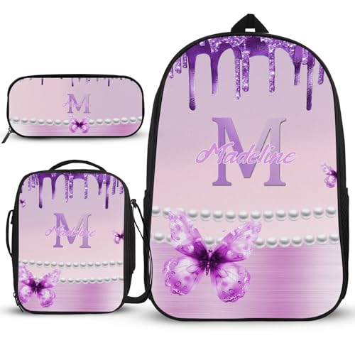 Schulranzen-Set, benutzerdefinierter Name, große Schultasche, eleganter Rucksack, Rucksack für Mädchen der 5. Klasse, 3-teilig, mit Federmäppchen, Crossbody-Tasche, Geschenke für 2-jährige Mädchen, von Generisch